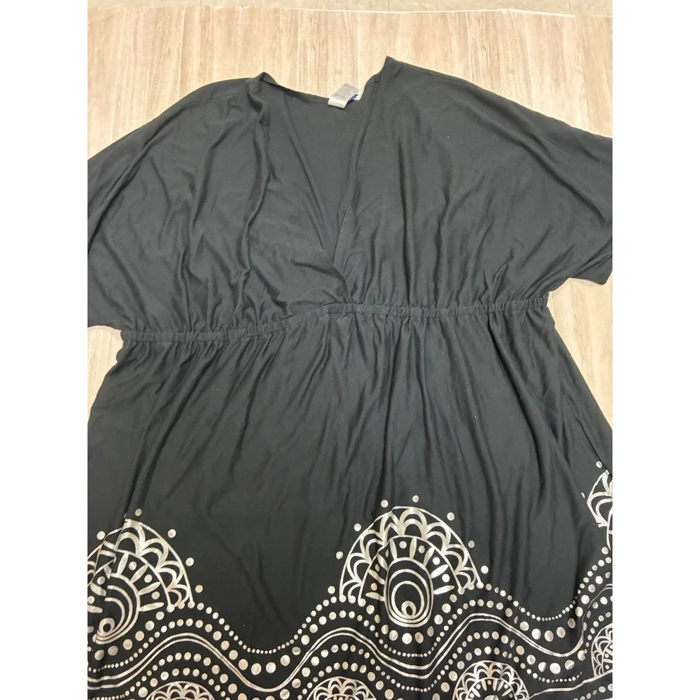 Swimsuits For All Black Silver Metallic Foil Medallion Swim Cover Up Dress 34/36 - Picture 2 of 4